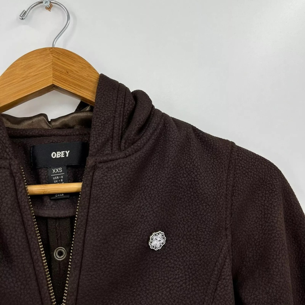 Obey Full Zip Hoodie Women's Size 2XS Brown Pockets Logo Faux Leather‎ Skate - Picture 4 of 10